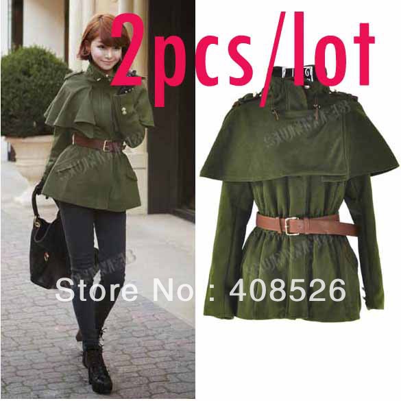 2pcs/lot winter New Women's Europe Style Stand Collar Long Sleeve Trench Poncho Coats With Belt free shipping 8784