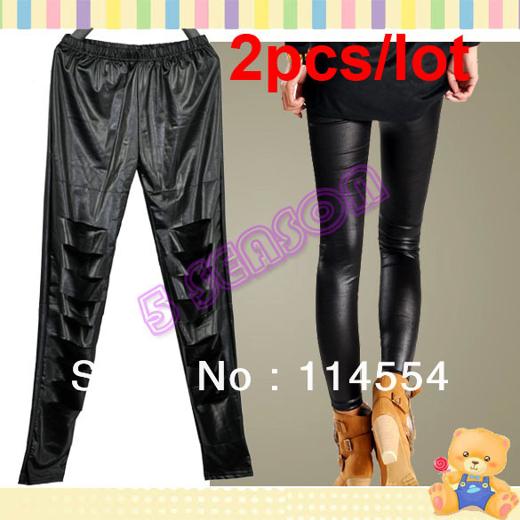 2Pcs/lot Women Fashion New Black Leather Look Lace Lady Skinny Tight Pants Leggings Free Shipping Dropshipping 6003