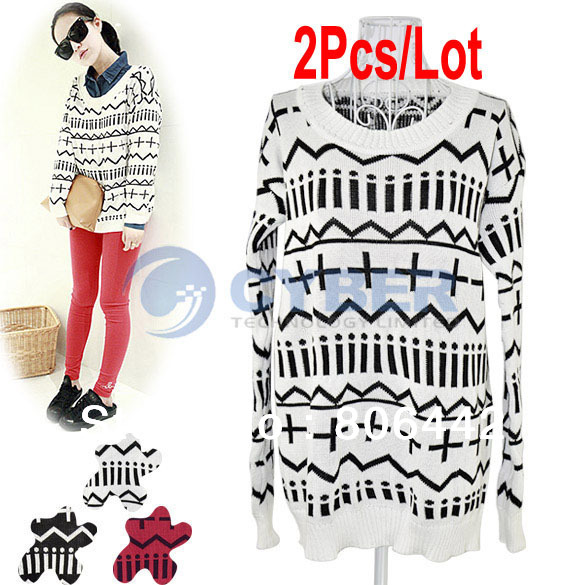 2Pcs/Lot Women Lady Casual Loose Pullover Knitting Sweater Sign Pattern Top Blouse Free Shipping 8093