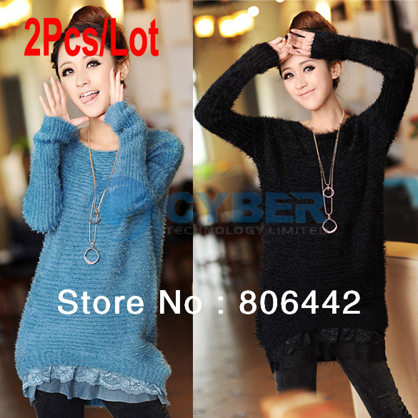 2Pcs/Lot Women's Comfortable Soft Lace Detail Hem Knitted Sweater Sweet Style Top 4 Colors Free Shipping 9102