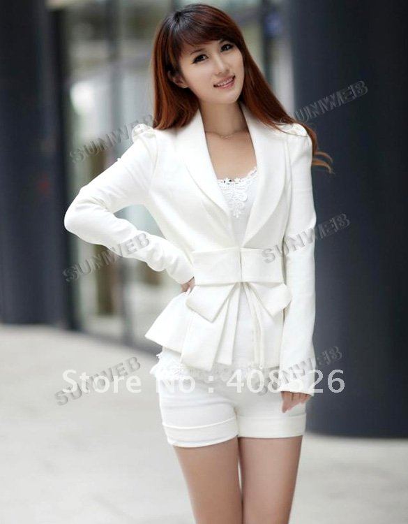 2PCS/LOT Women's Jackets Fashion Turn-down Collar Big Bowknot Career OL Suit White Slim Coats Outwear Free Shipping 7327