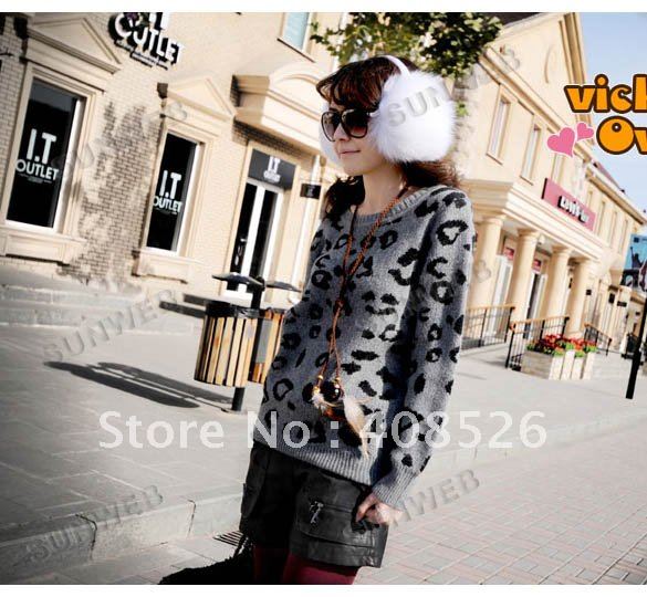 2PCS/LOT Women's Long Sleeve Pullover Fashion Leopard Sweater Crew Neck Knitwear Free Shipping7195