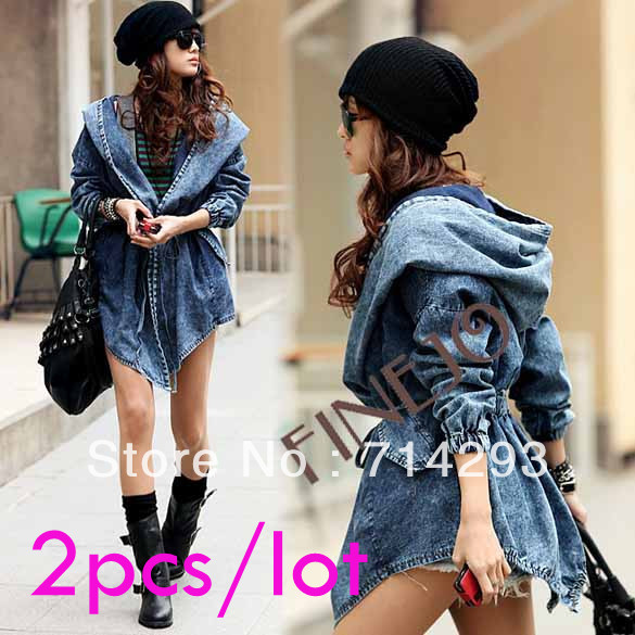 2pcs/lot Women's Trench Coat Denim Hoodie Hooded Outerwear Jeans Coat Free shipping 8629