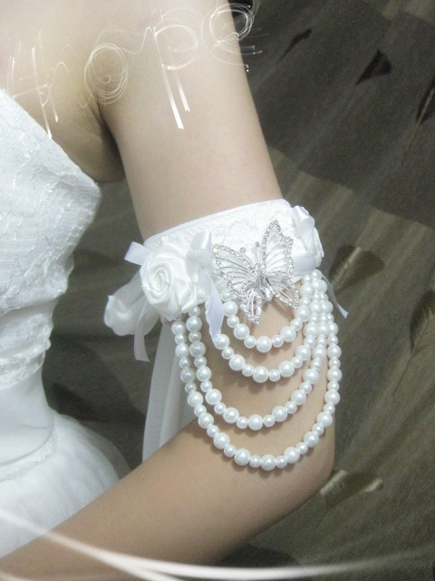 2pcs Pearl lace armband bridal wedding accessories butterfly dress yarn 100% handmade wristiest a pair of