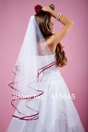 2T ivory wedding dress bridal veil Satin Red Rattail Edge Veil+Comb