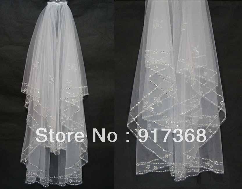 2T White/ivory Elbow Beaded Edge pearls sequins Bridal Wedding Veil+Comb