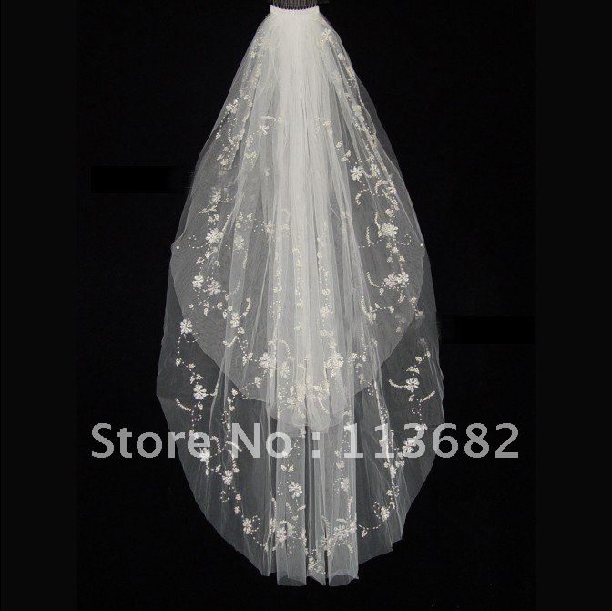 2T White/ivory Elbow Beaded Edge sequins Handmade Bridal  Veil Comb