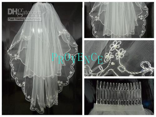 2T White/ivory Fingertip Veils Beaded Edge Embroidery Pearls Bridal Wedding Veil+Comb 555