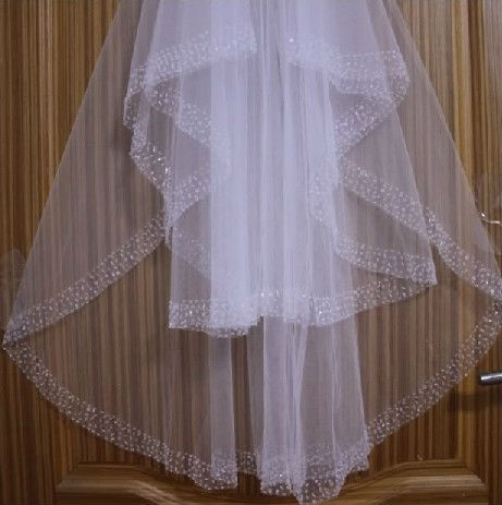 2T white or ivory fingertip length bead edge Bridal veils wedding veil+comb(Handmade beaded + comb)