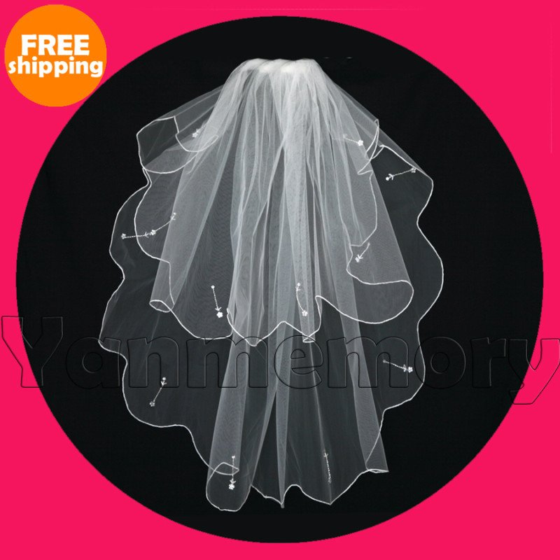 2T White Wedding Bridal Scallop Sequin Veil Fingertip Length Bridal Accessories