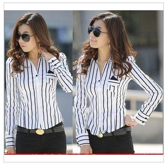 3,258 Korean women's temperament 2012 new vertical stripe long sleeve shirt