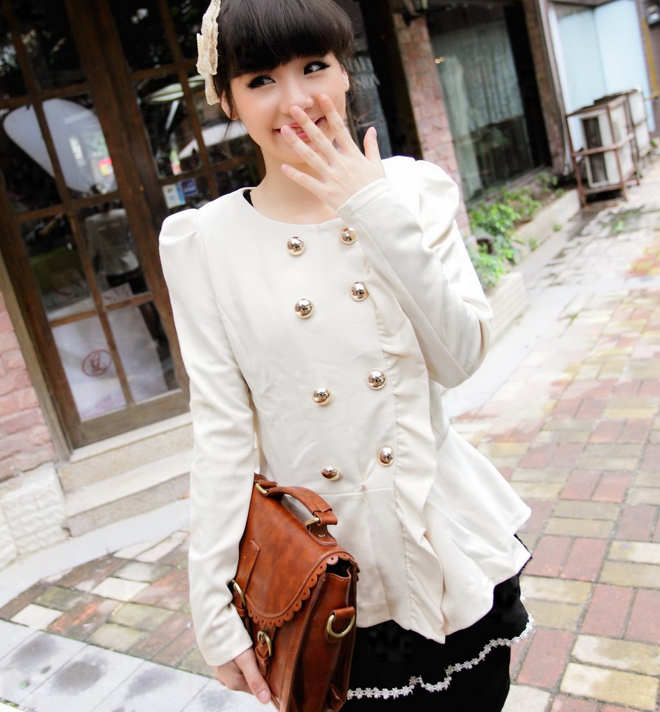 3.26 Promot 2013 spring women's new arrival thin elegant puff sleeve double breasted ruffle outerwear suit