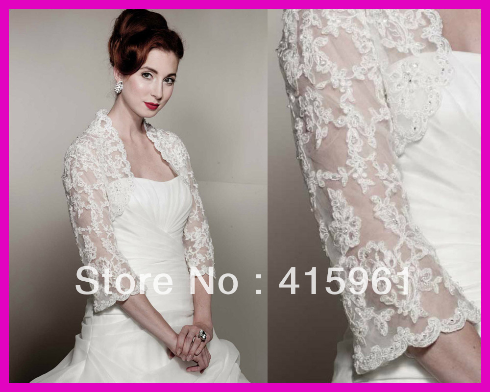 3 4 Long Sleeves Beaded Lace Appliuques Bridal Wedding Jackets Bolero J35