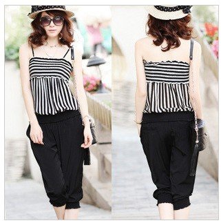 3,465 Korean ladies ' summer of 2012 new style ladies black and white striped tape Siamese trousers