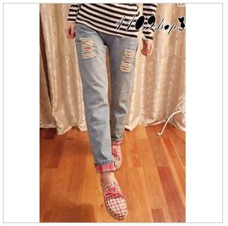 3,748 Korean ladies ' 2012 small fresh edge hit Red Plaid cowboy-white hole in pants