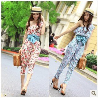 3,773 Korean ladies ' summer of 2012 new shoulder exposed shoulder ruffles suihua sent Siamese trousers +fine belt