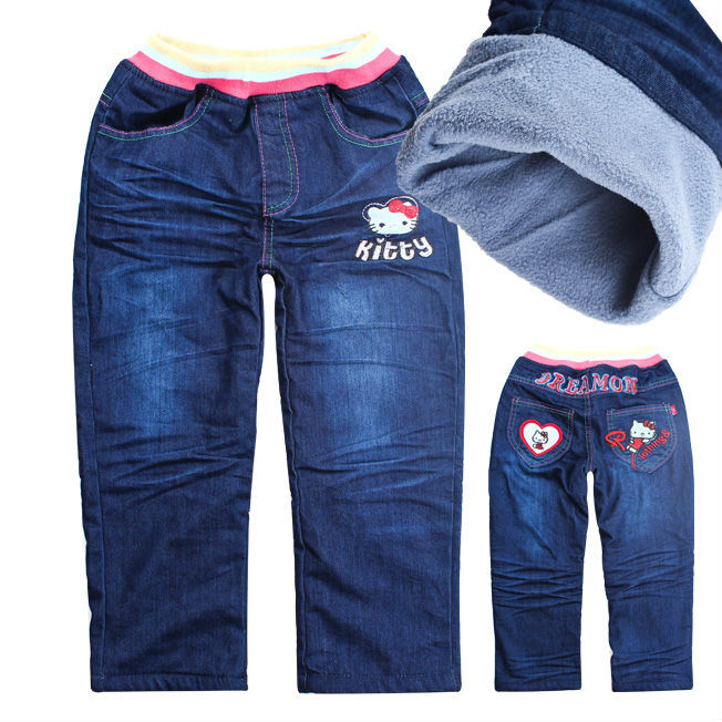 3-8years High Quality 2012 NEW WINTER Hello kitty jeans kids thick warm winter jeans baby girls kitti pants wholesale