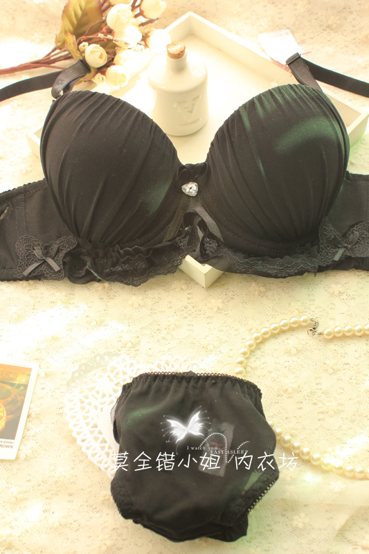 3 breasted chiffon black side gathering adjustable push up bra sexy bra underwear set