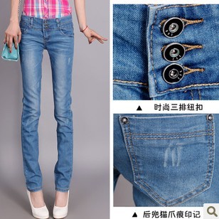 3 breasted mid waist jeans female elastic slim pencil skinny pants plus size