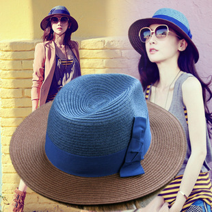 3 color block decoration bow sun-shading large brim straw braid fedoras strawhat hat female