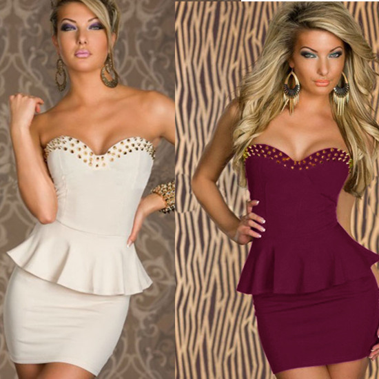 3 Colors Ladies Sexy Strapless Rivet Patchworked Ruffled Flare Slim Waist Club Dress Formal Golden Pyrograph Sleeveles Dresses