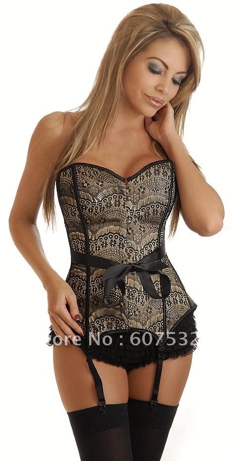 3 Colors Lady's Sexy Boned Lace Corset Bustier Costume Under Bust Lingerie In Satin + G-string