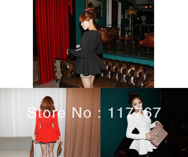 3 Colors Sexy~ Womens Fashion V Neck Puff Sleeve Fitted Peplum Long-sleeved T-shirt Tops Blouse Free Shipping 650630-650632