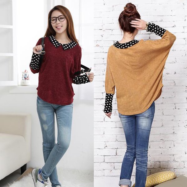 3 Colors Women's Sweater Outerwear Top Korean Cuffs Knits Shirt Casual Dots Collar Blouse HR407