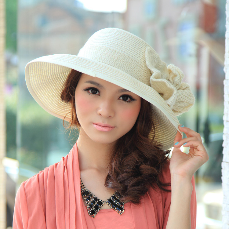 3 female summer flower beach cap roll-up hem sunbonnet folding straw hat