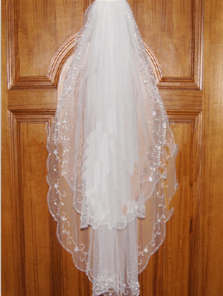 3-Layer dragging White/ivory Wedding Bridal Dress Tiara Lace Beads Veil Scarf/Shawl  SMTMJ-71