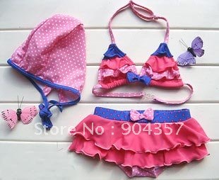 3 Pcs Toddler Baby Kid Girl Multi-layer lace Bow Swim suit Pink Swimwear with Hat bikinis