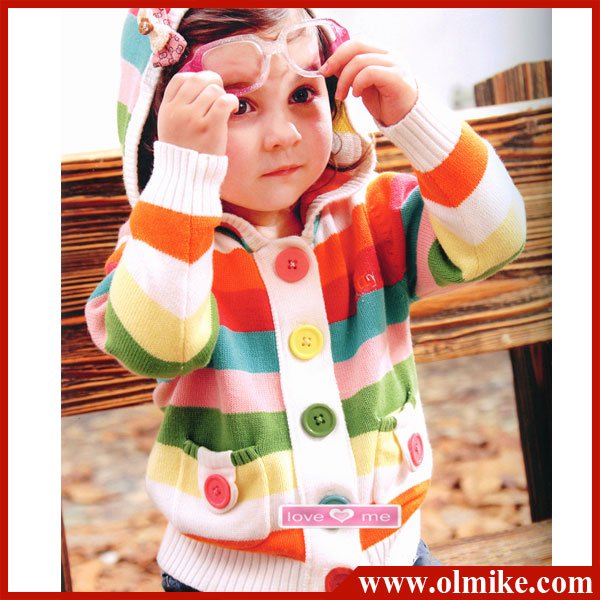 3 pieces / LOT Baby Hooded Rainbow Stripe Colorful Cardigan Kid's 100% Cotton Jersey Knitwear Warm Keeper Outwear Wholesale