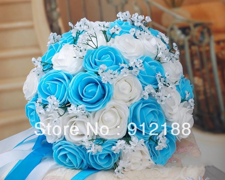 30*Blue with White Rose flowers for wedding bridal bouquets,PE bouquet for Love gifts