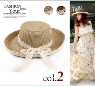 30$ Mini Order 2013 spring and summer lace decoration roll-up hem gentlewomen wide brim strawhat women's sun-shading hat