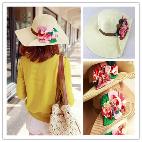 30$Mini Order 2013 spring and summer millenum flower roll up hem sunbonnet beach cap large along the strawhat hat