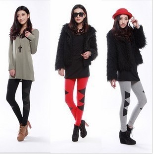 30$Mini Order Autumn all-match trigonometric symmetrical faux leather personalized patchwork elastic ankle length legging