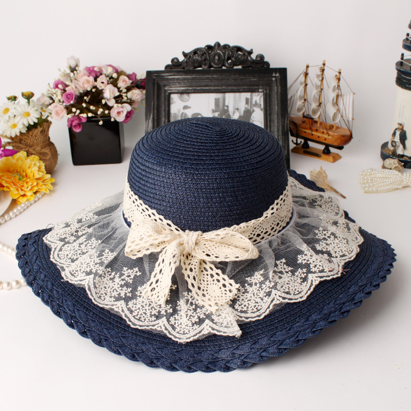 30$Mini Order British style lace bow strawhat sunbonnet beach cap sweet hat female