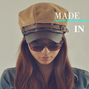30$Mini Order M-13 women's leather fashion leather chain hasp plush navy cap flat hat