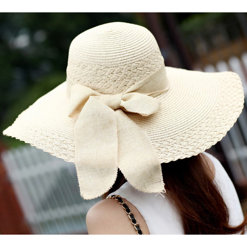 30$Mini Order Sweet bow large brim strawhat female sunbonnet beach cap sun hat