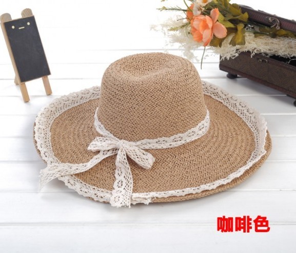 30$Mini Order The trend of the big strawhat lace bow folding large sun-shading beach cap summer