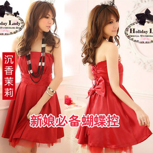 30$Mini Order Winter dress red tube top married the bride evening dress short design one-piece dress