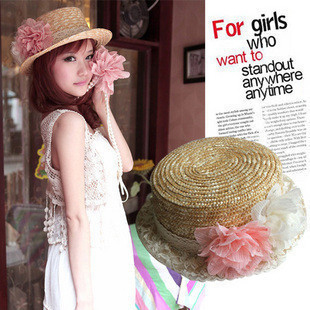 30$Mini Order Women lace flower summer straw hat flat braid straw hat beach cap sun-shading hat