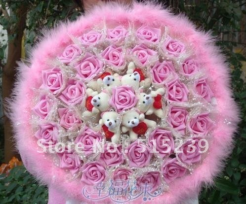30 pink rose +6 tactic bear cartoon bouquet wedding gift ideas/wedding bouquet/birthday gift+free shipping X11