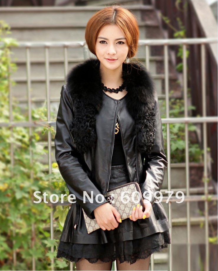 30% Sale Off  Fashion Lady Sheep Fur Jacket with Fox Fur Collar and Lamb fur FLF0131 Size of S, M, L, XL