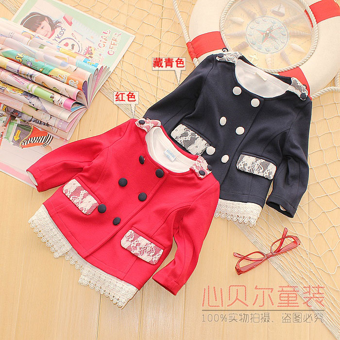309 pocket lace decoration double breasted female child trench outerwear