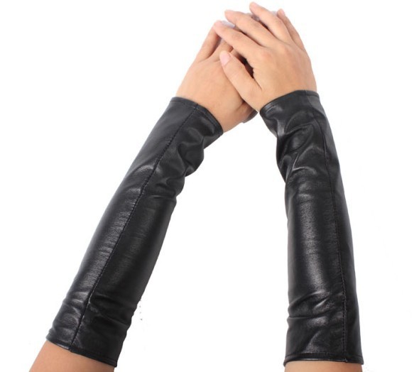 30cm long fingerless black genuine leather gloves free shipping oversleeve  mittens gift