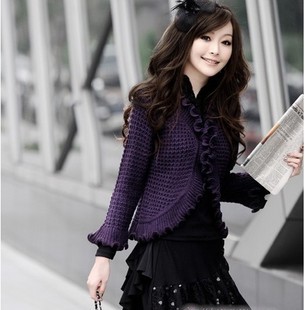 30h2  spring cutout batwing shirt cardigan women's sweet crochet ruffle hem cardigan autumn winter lady