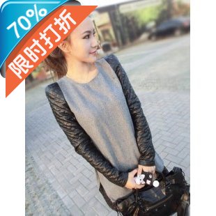 3103 leather patchwork shoulder pads the trend of fashion long-sleeve hot-selling one-piece dress women's