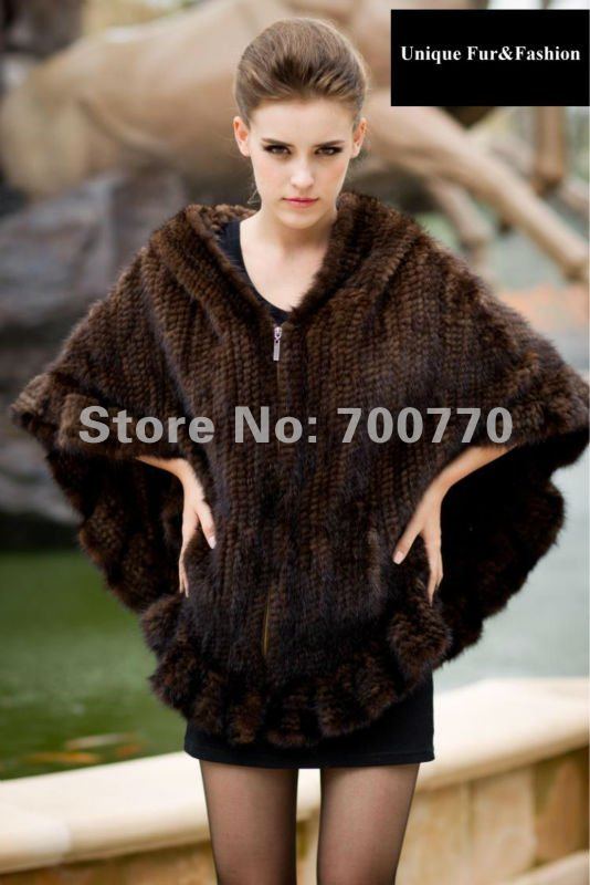 3126-BR# Brown Knit Mink Fur Hoodie Poncho Premium Quality+Superior Handcraft Wholesale/Retail/Drop Shipping
