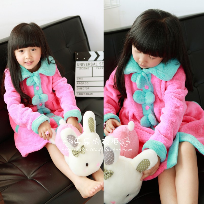 320g coral fleece parent-child clothes for mother and daughter color block bow robe lounge sleepwear 5080 - 80